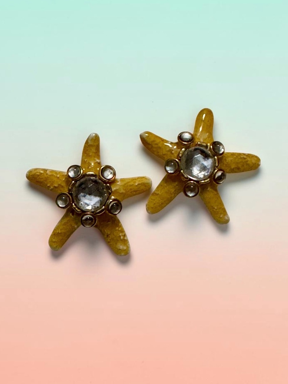 Rare Vintage Signed CRAFT Yellow Starfish Crystal Clip On Earrings